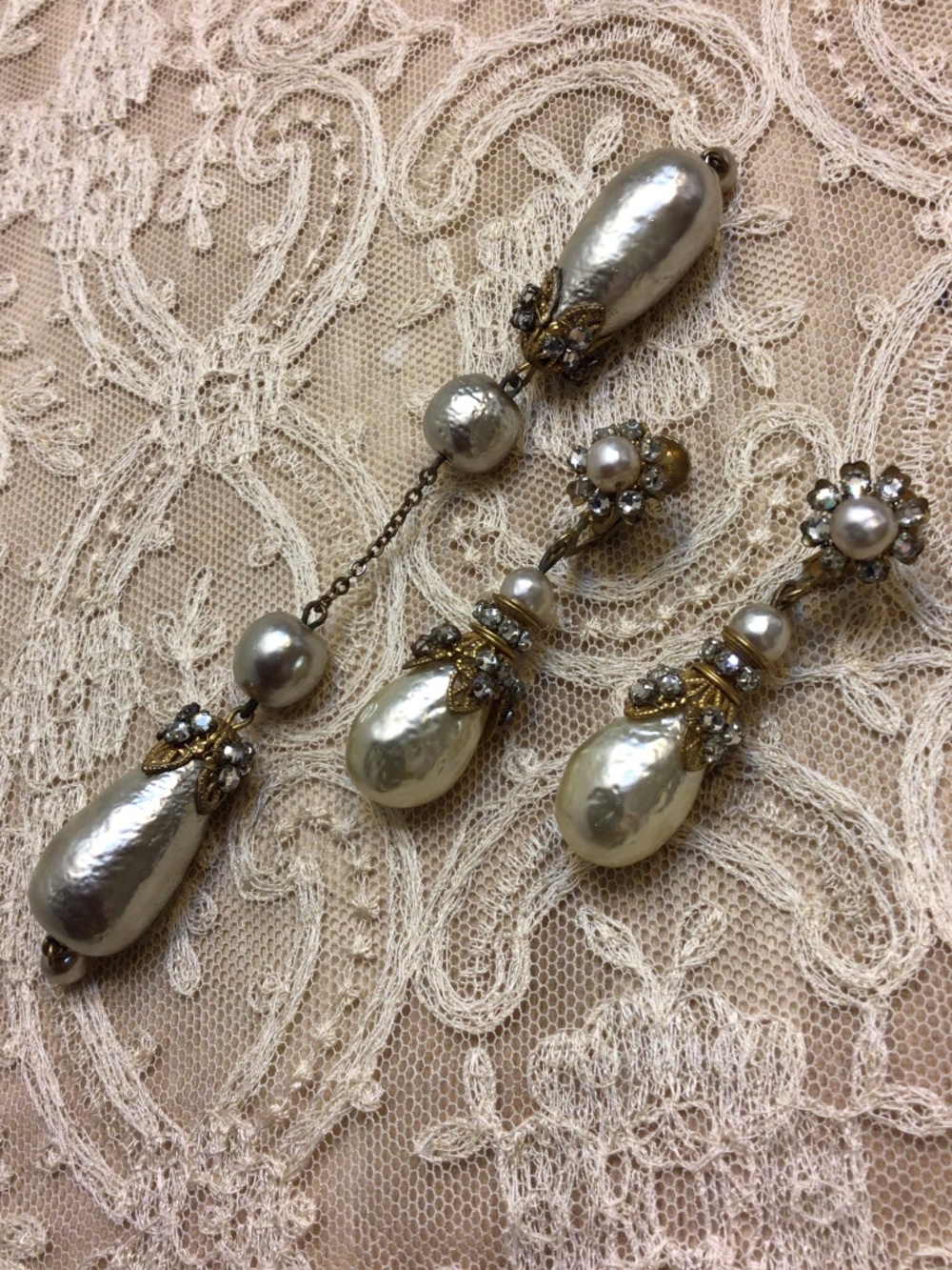 Miriam Haskell Baroque Pearl Drop Earrings Rhinestones 1950s